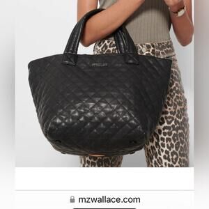 MZ Wallace Small Leather Metro Tote Deluxe Black Quilted Blue Lining